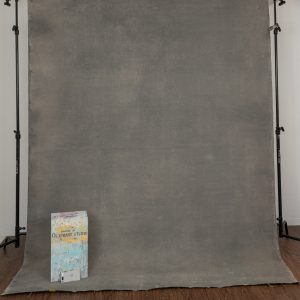 Hand-painted warm grey photography backdrop with aged texture, measuring 7′10″ x 10′5″, ideal for portrait sessions